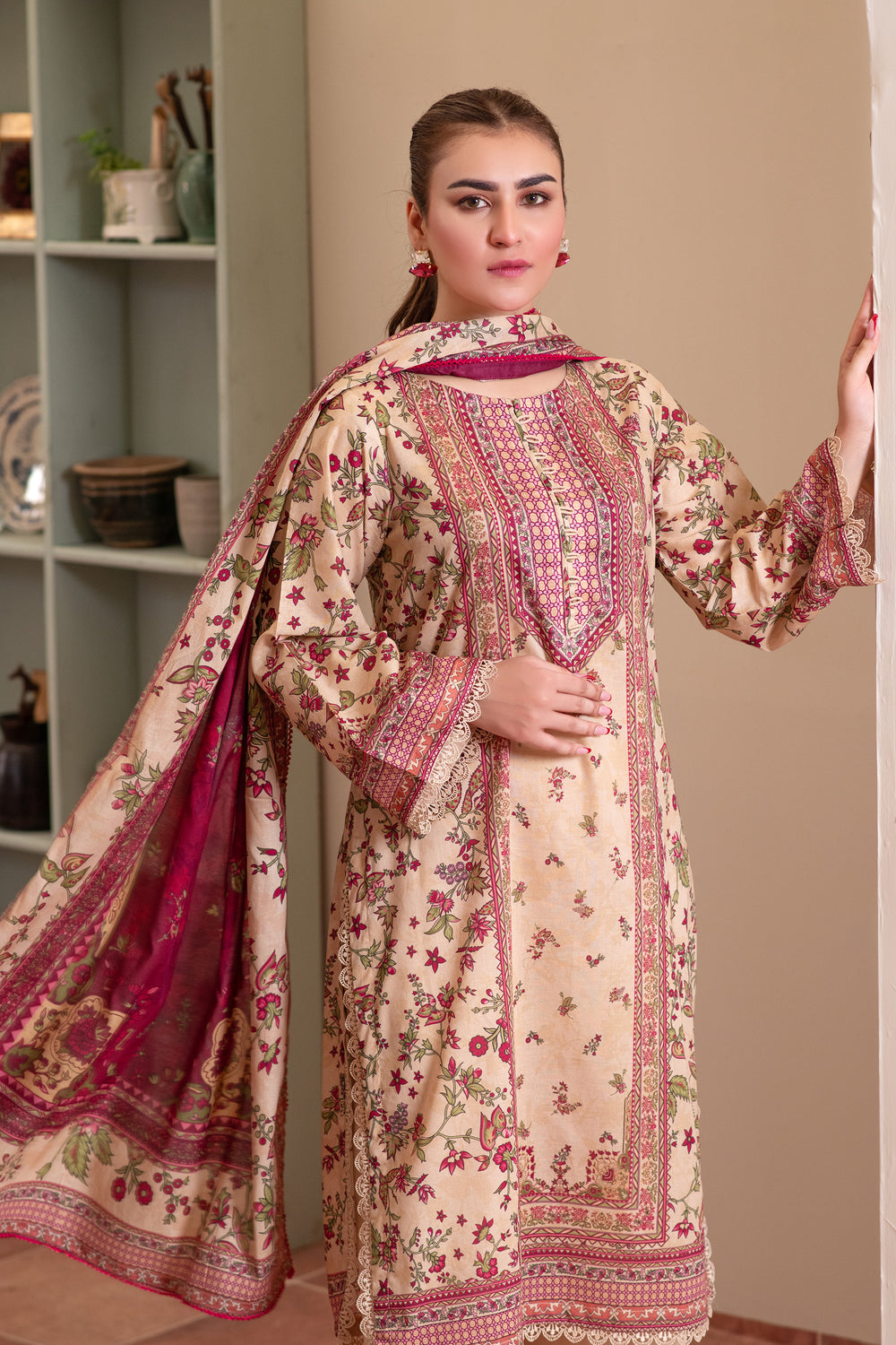 3 Piece Unstitched Beige Premium Lawn - SU25V14-S6 - JACQUARD CLOTHING