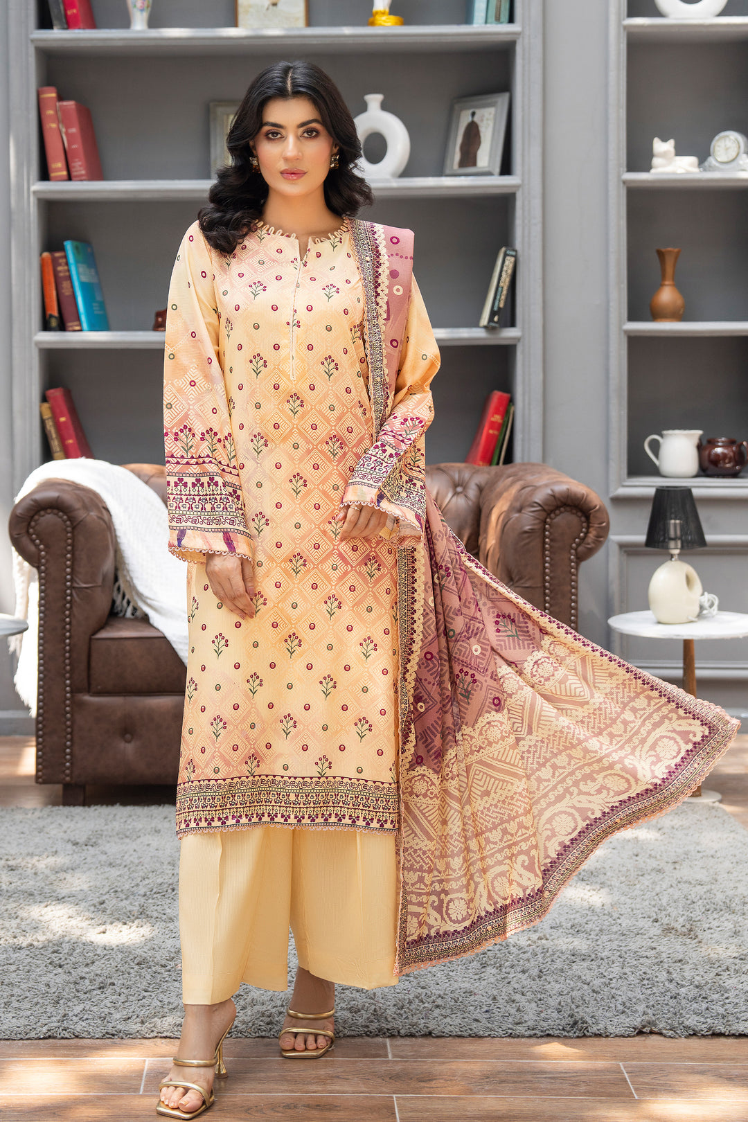 3 Piece Unstitched Beige Premium Linen - W25CF1V4-S6 - JACQUARD CLOTHING