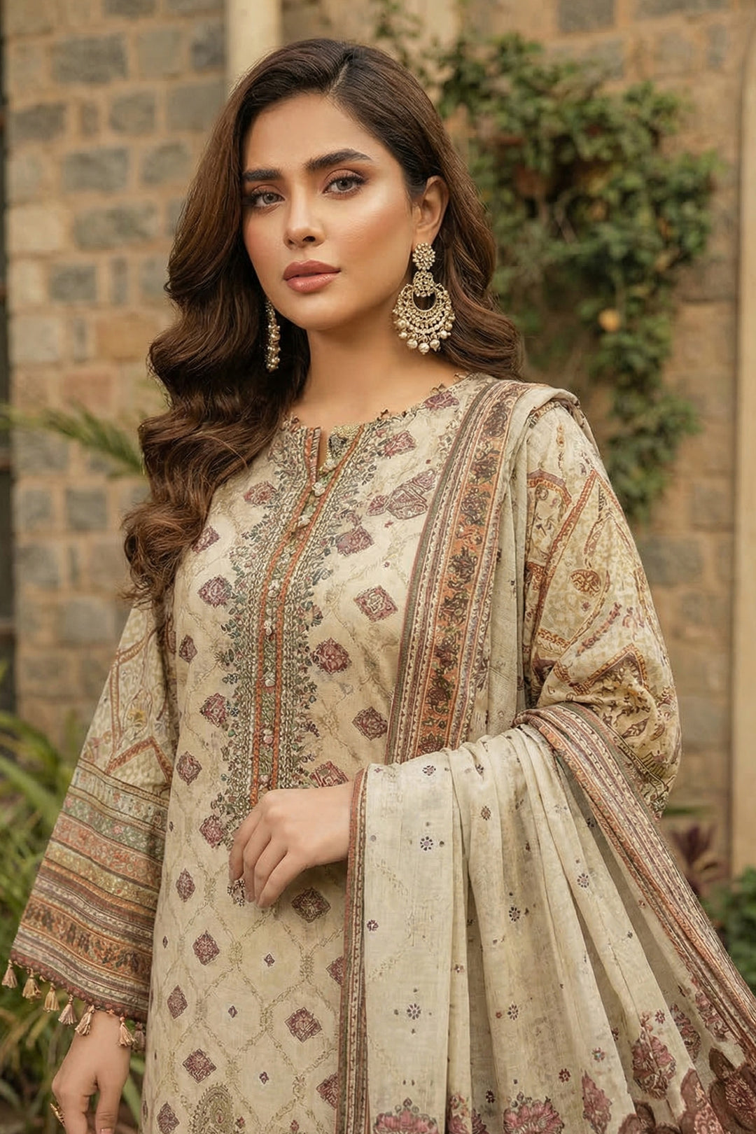 3 Piece Unstitched Beige Premium Printed Lawn