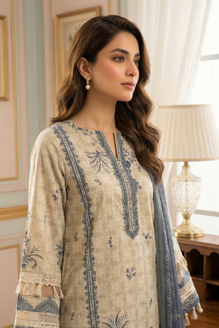 3 Piece Unstitched Beige Premium Printed Lawn Suit - Jacquard Virsa By Zainab Summer 2026 Collection
