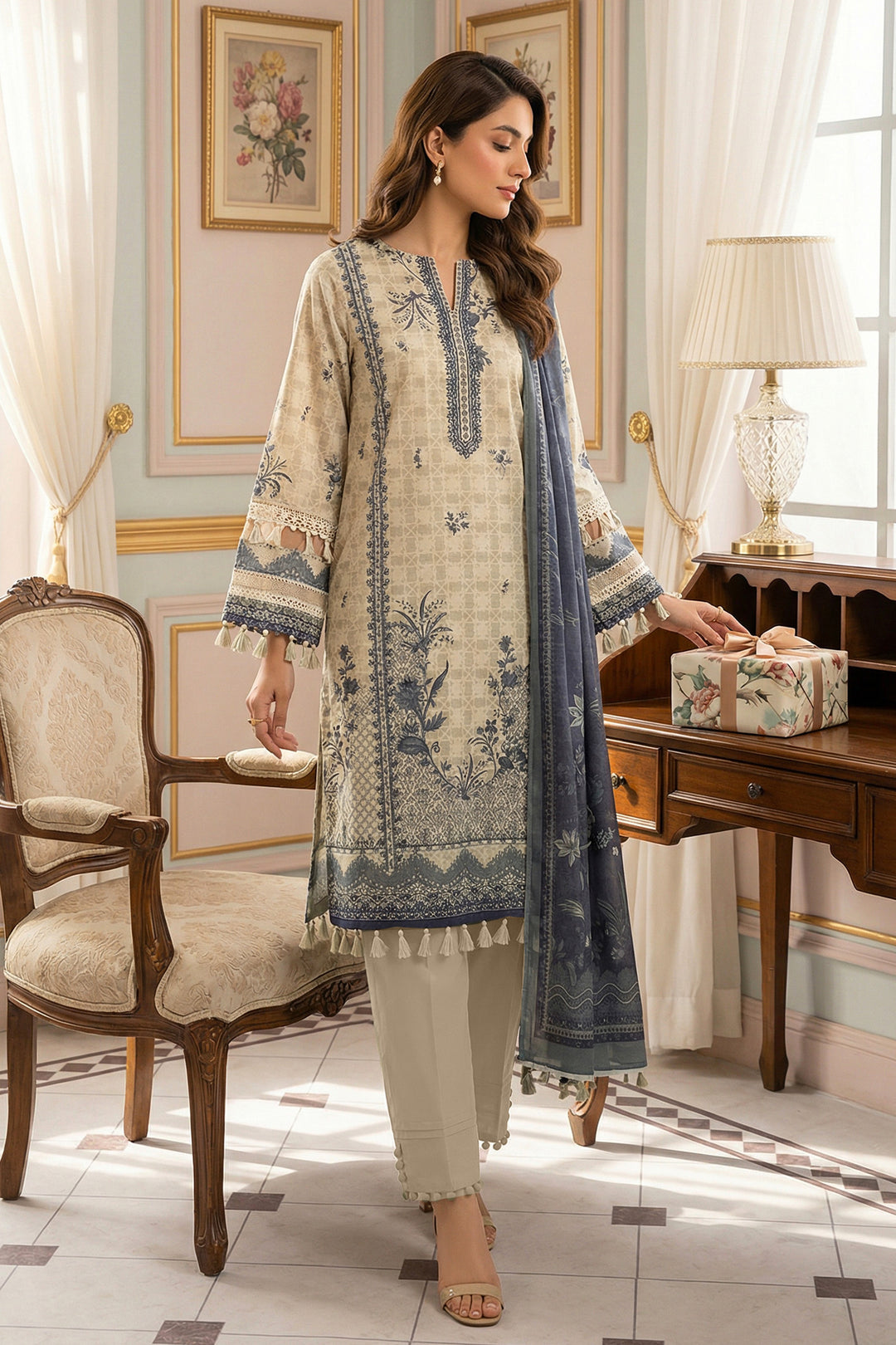 3 Piece Unstitched Beige Premium Printed Lawn Suit - Jacquard Virsa By Zainab Summer 2026 Collection