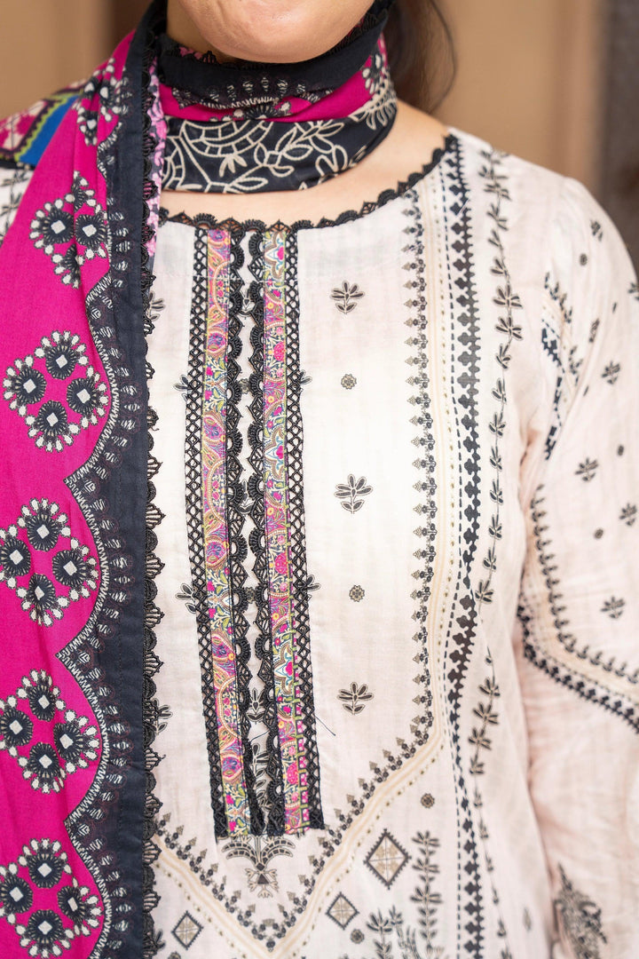 3 Piece Unstitched Beige Premium Printed Lawn - Jacquard Clothing