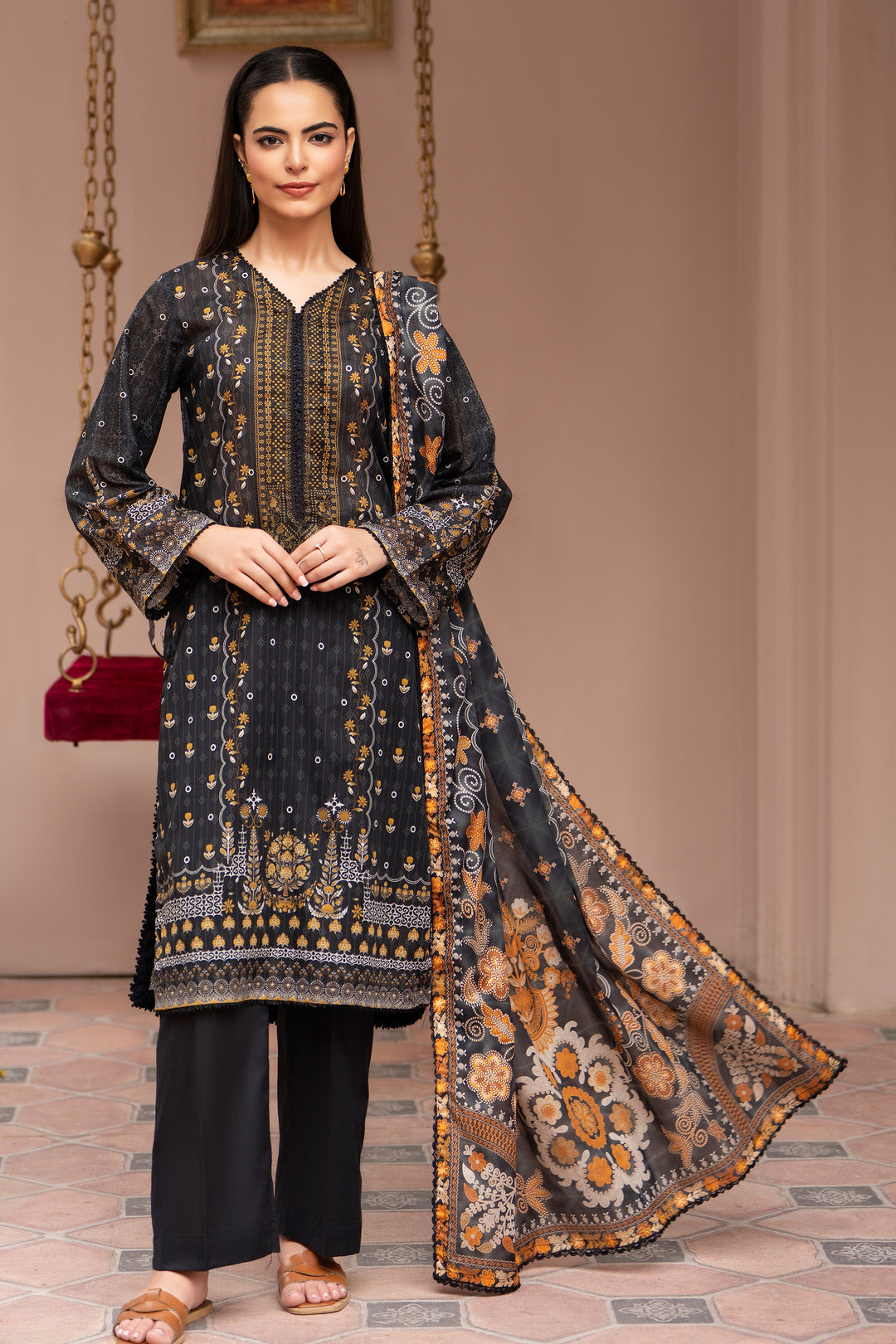  3 Piece Unstitched Black Lawn - SU25V21-S7 - JAQUARD CLOTHING