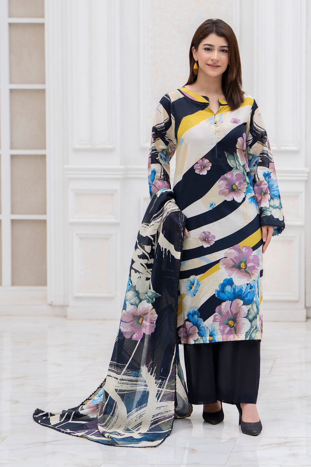 3 Piece Unstitched Black Lawn - SU25V28-S10 - JACQUARD CLOTHING

