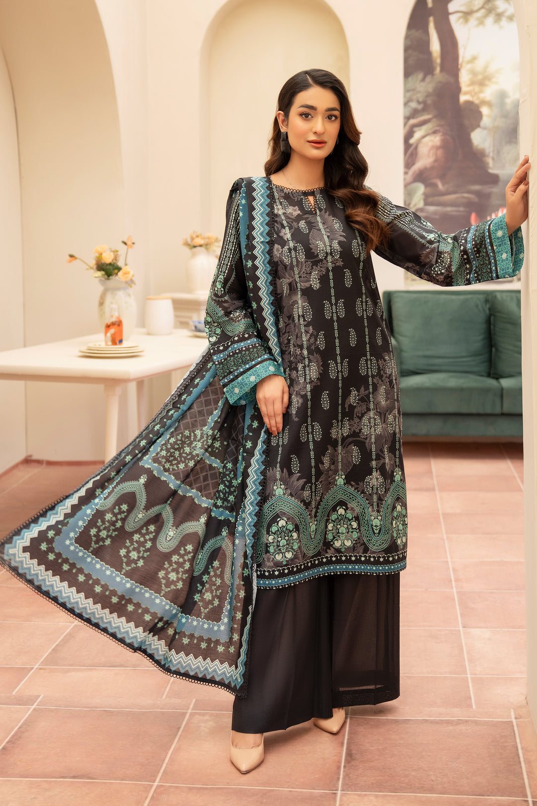 3 Piece Unstitched Black Premium Lawn - SU25V14-S3 - JACQUARD CLOTHING