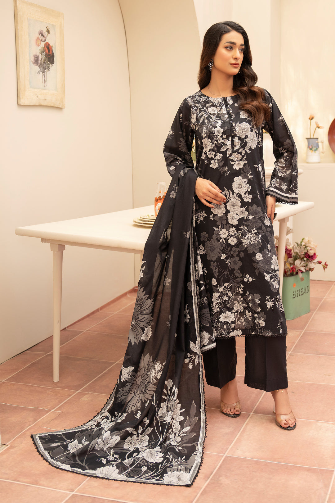 3 Piece Unstitched Black Premium Lawn - SU25V15-S5 - JACQUARD CLOTHING
