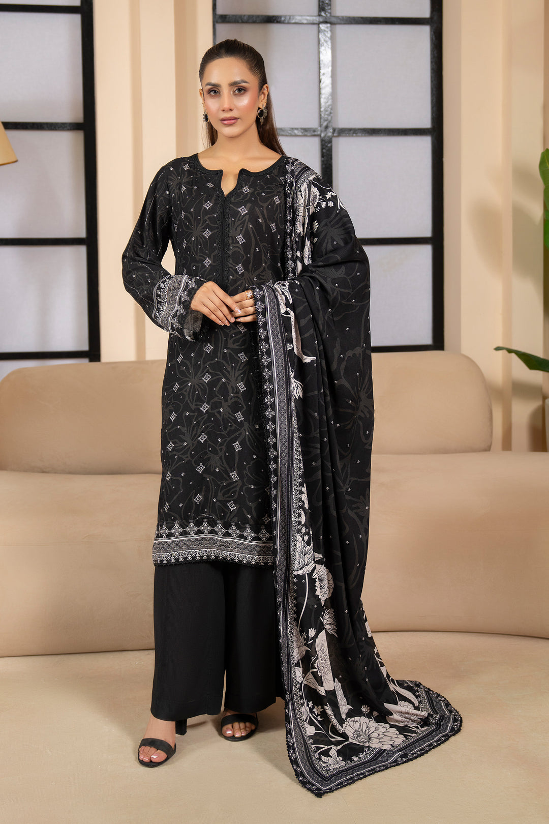 3 Piece Unstitched Black Premium Linen - W25CF1V3-S8 - JACQUARD CLOTHING