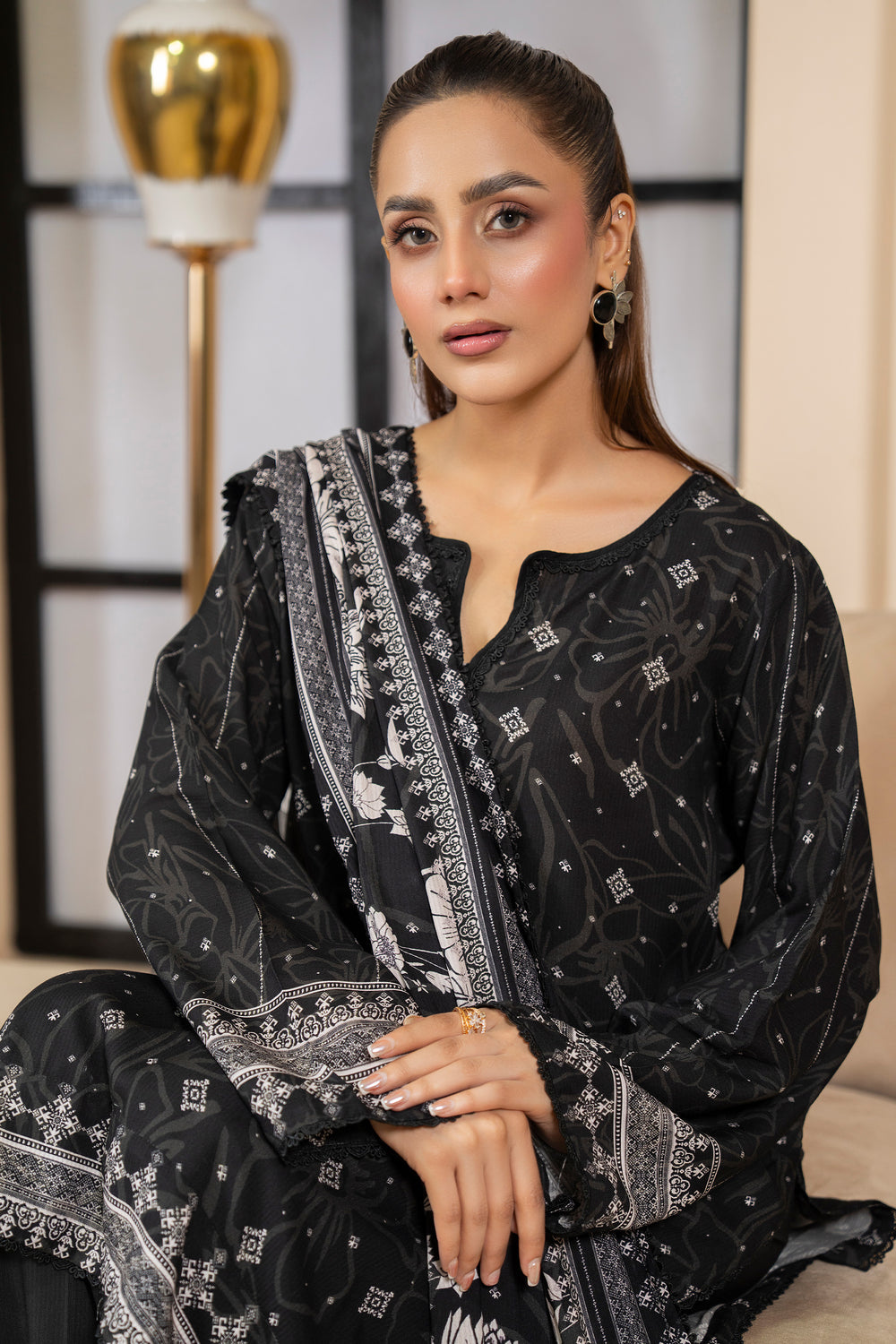 3 Piece Unstitched Black Premium Linen - W25CF1V3-S8 - JACQUARD CLOTHING