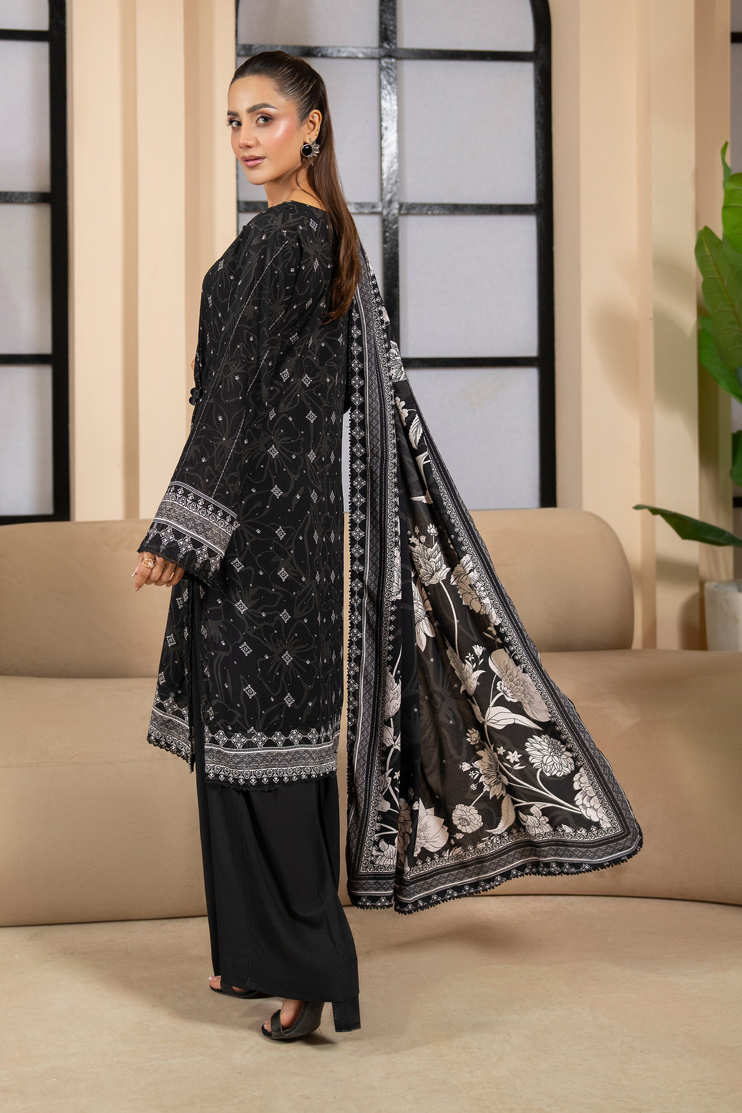 3 Piece Unstitched Black Premium Linen - W25CF1V3-S8 - JACQUARD CLOTHING