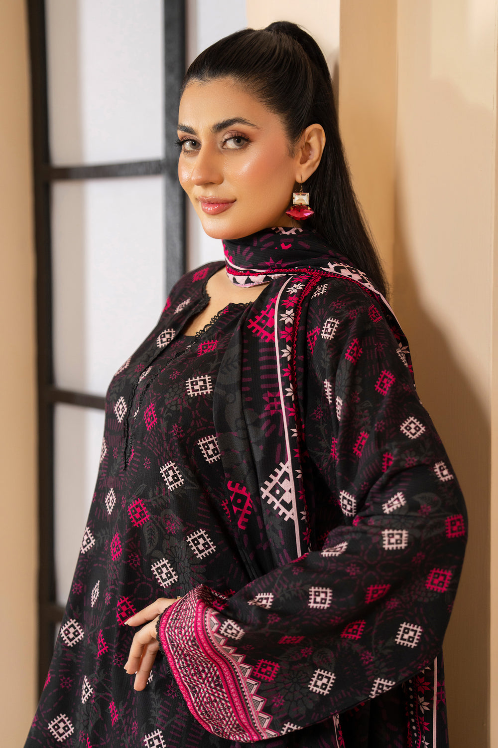 3 Piece Unstitched Black Premium Linen - W25CF1V3-S7 - JACQUARD CLOTHING