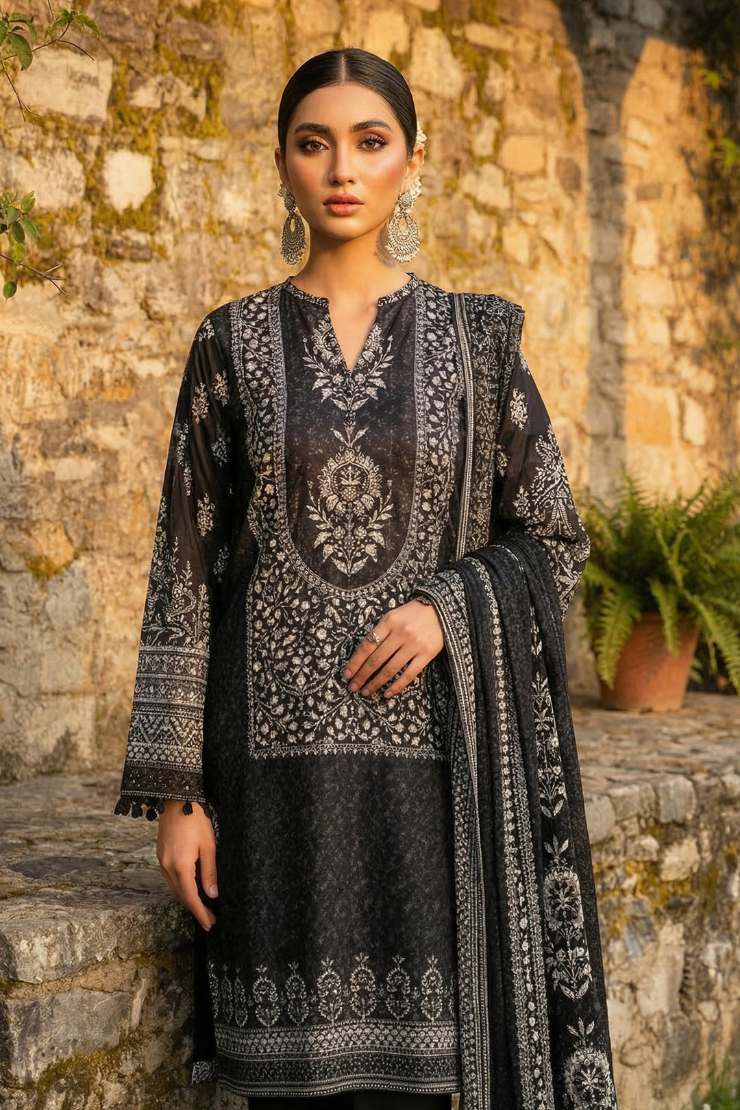 3 Piece Unstitched Black Premium Printed Lawn