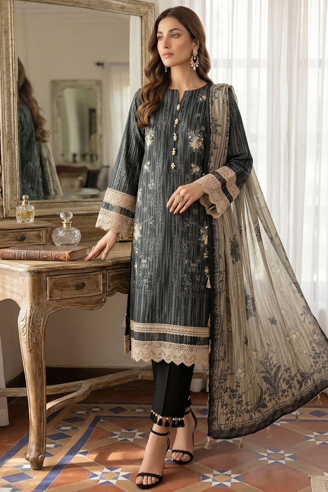 3 Piece Unstitched Black Premium Printed Lawn Suit - Jacquard Soha Afreen Summer 2026 Collection