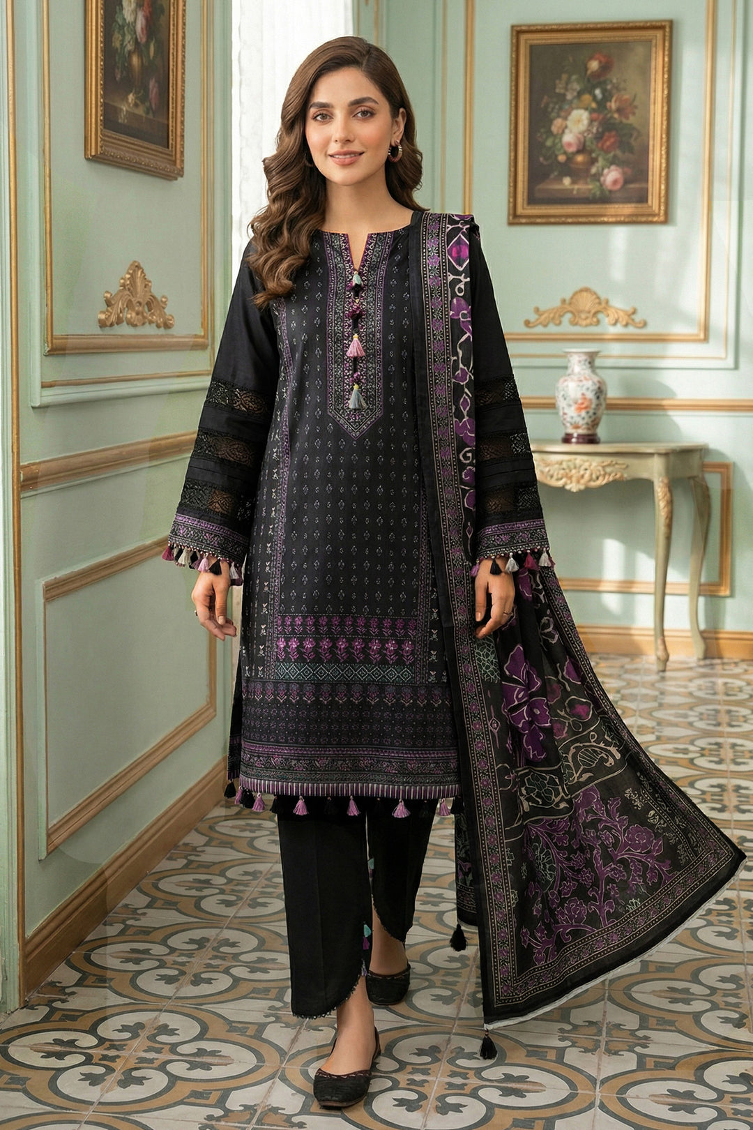 3 Piece Unstitched Black Premium Printed Lawn Suit - Jacquard Virsa By Zainab Summer 2026 Collection