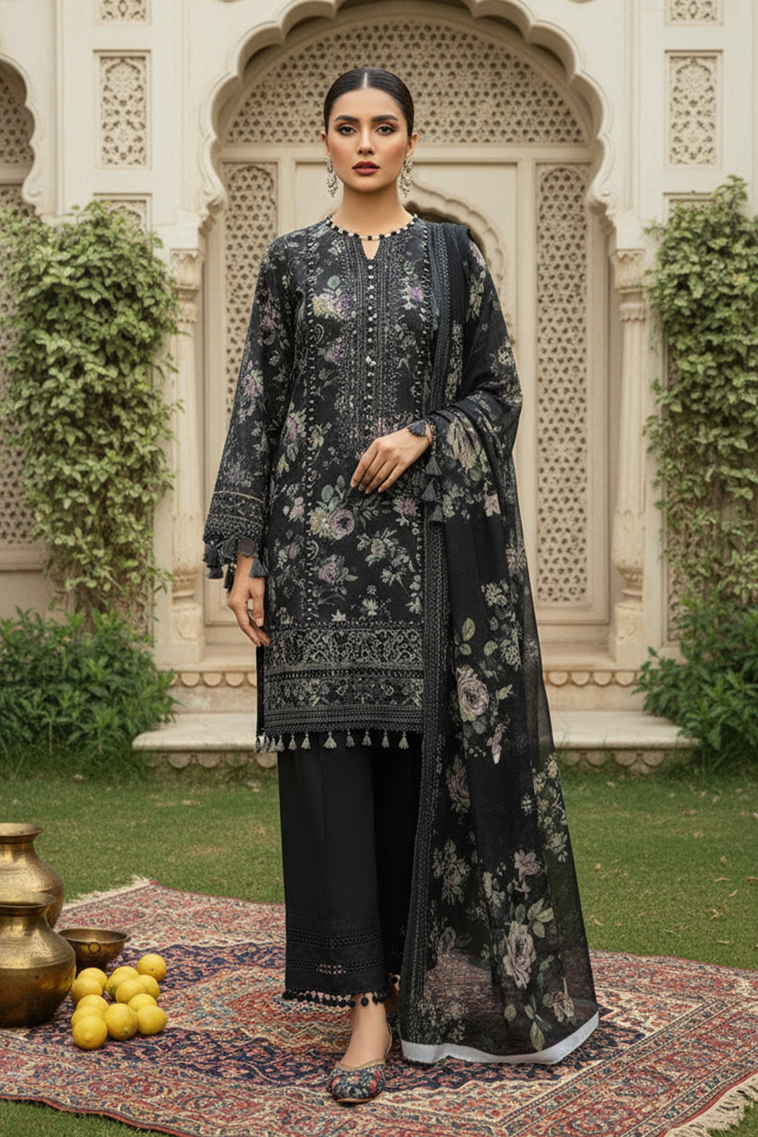 3 Piece Unstitched Black Premium Printed Lawn Suit By Jacquard Clothing Summer 2026 Collection