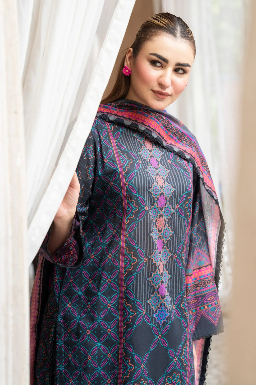 3 Piece Unstitched Black Premium Printed Lawn - Jacquard Clothing