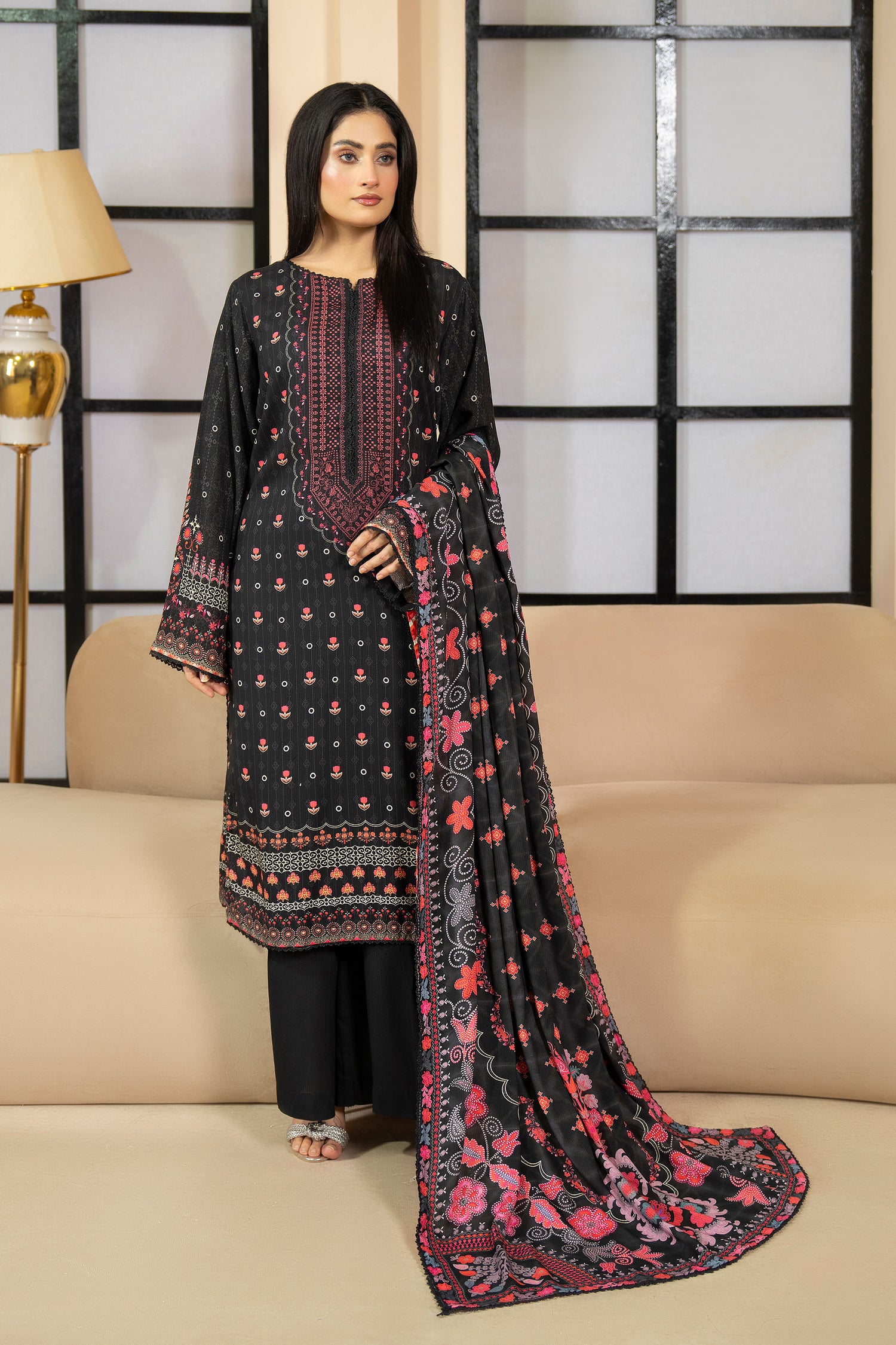 3 Piece Unstitched Black Printed Linen - W25CF1V1-S2 - JACQUARD CLOTHING