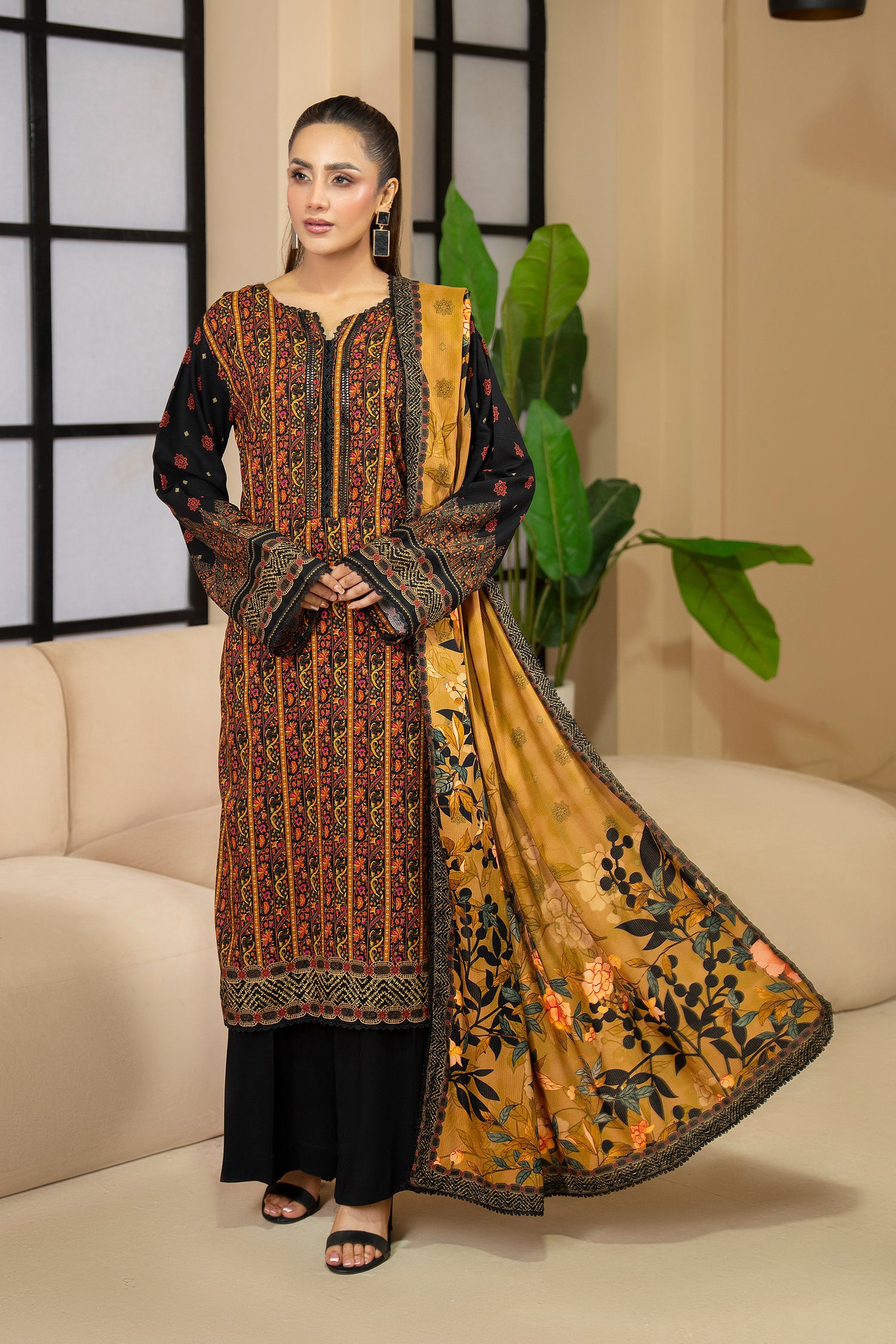 3 Piece Unstitched Black Printed Linen - W25CF1V1-S8 - JACQUARD CLOTHING