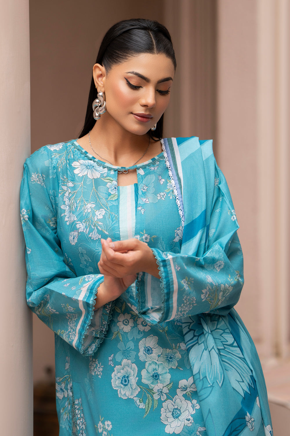3 Piece Unstitched Blue Lawn - SU25V21-S2 - JAQUARD CLOTHING