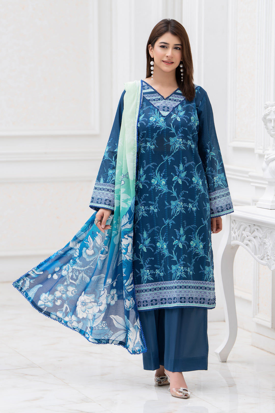 3 Piece Unstitched Blue Lawn - SU25V27-S8 - JACQUARD CLOTHING
