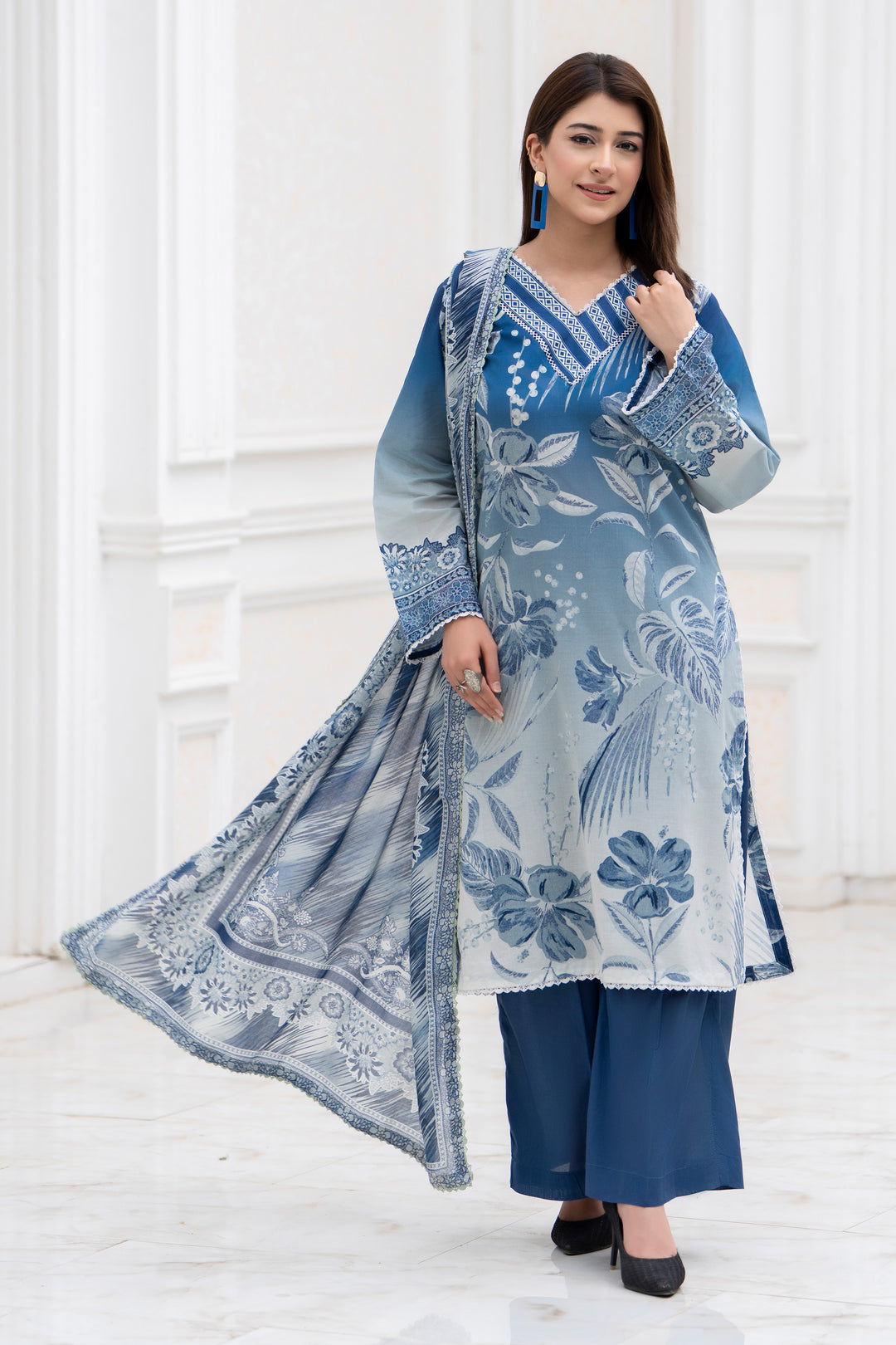 3 Piece Unstitched Blue Lawn - SU25V30-S9 - JACQUARD CLOTHING