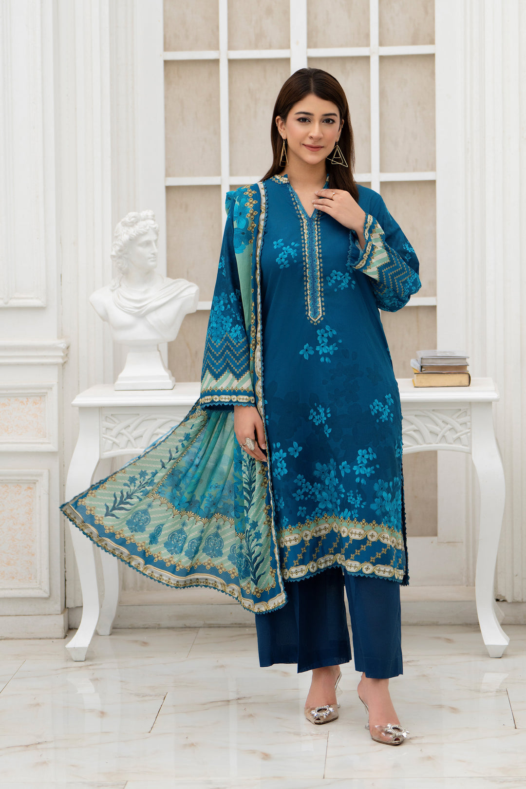 3 Piece Unstitched Blue Lawn - SU25V30-S4 - JACQUARD CLOTHING