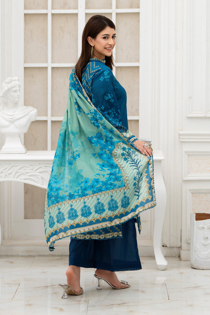 3 Piece Unstitched Blue Lawn - SU25V30-S4 - JACQUARD CLOTHING