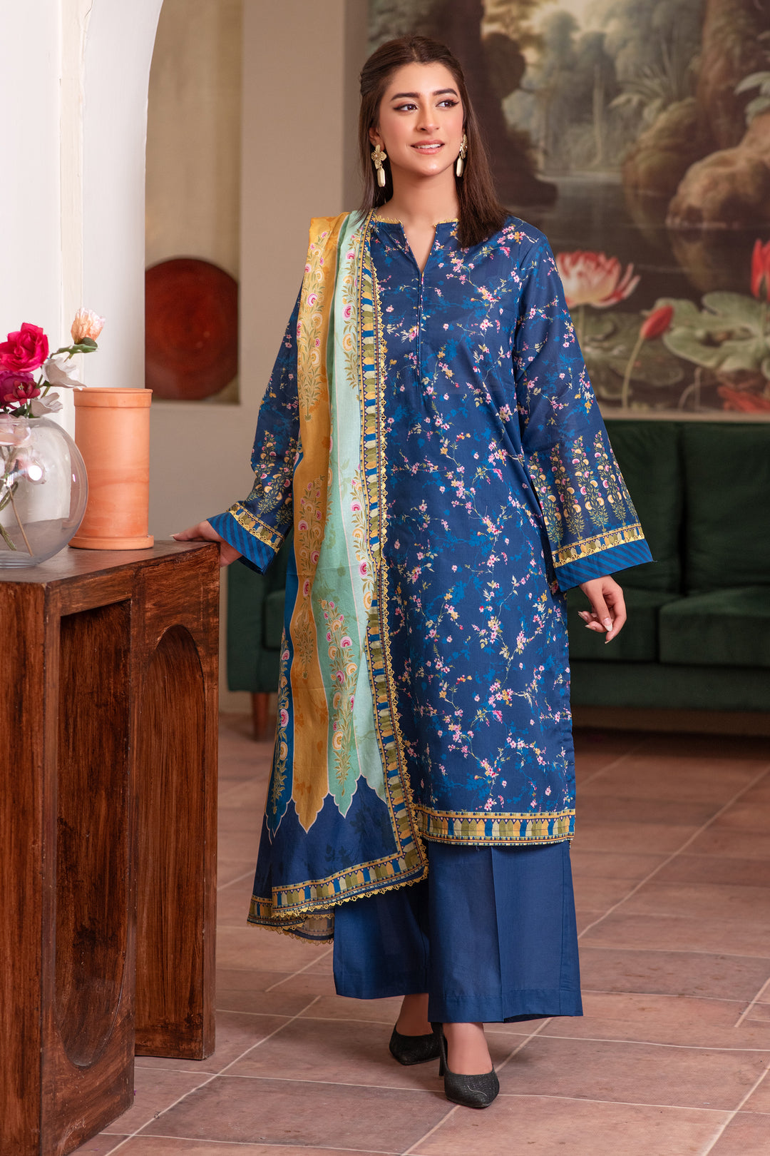 3 Piece Unstitched Blue Premium Lawn - SU25V14-S8 - JACQUARD CLOTHING