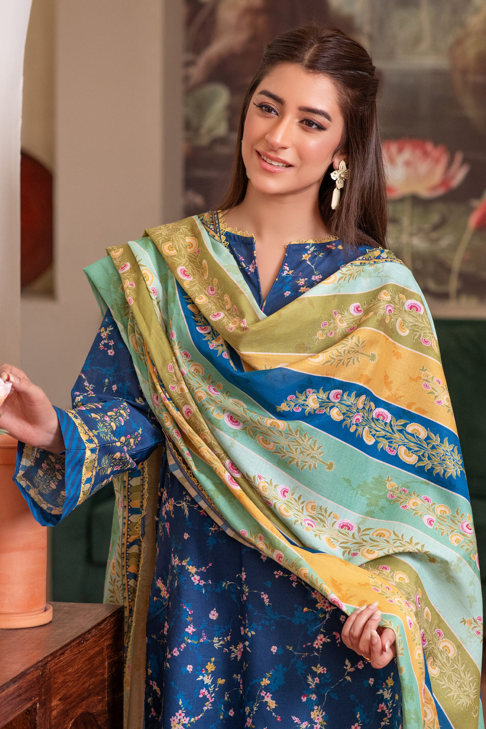 3 Piece Unstitched Blue Premium Lawn - SU25V14-S8 - JACQUARD CLOTHING