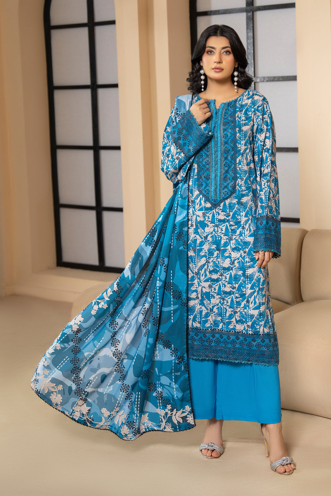 3 Piece Unstitched Blue Premium Linen - W25CF1V3-S2 - JACQUARD CLOTHING