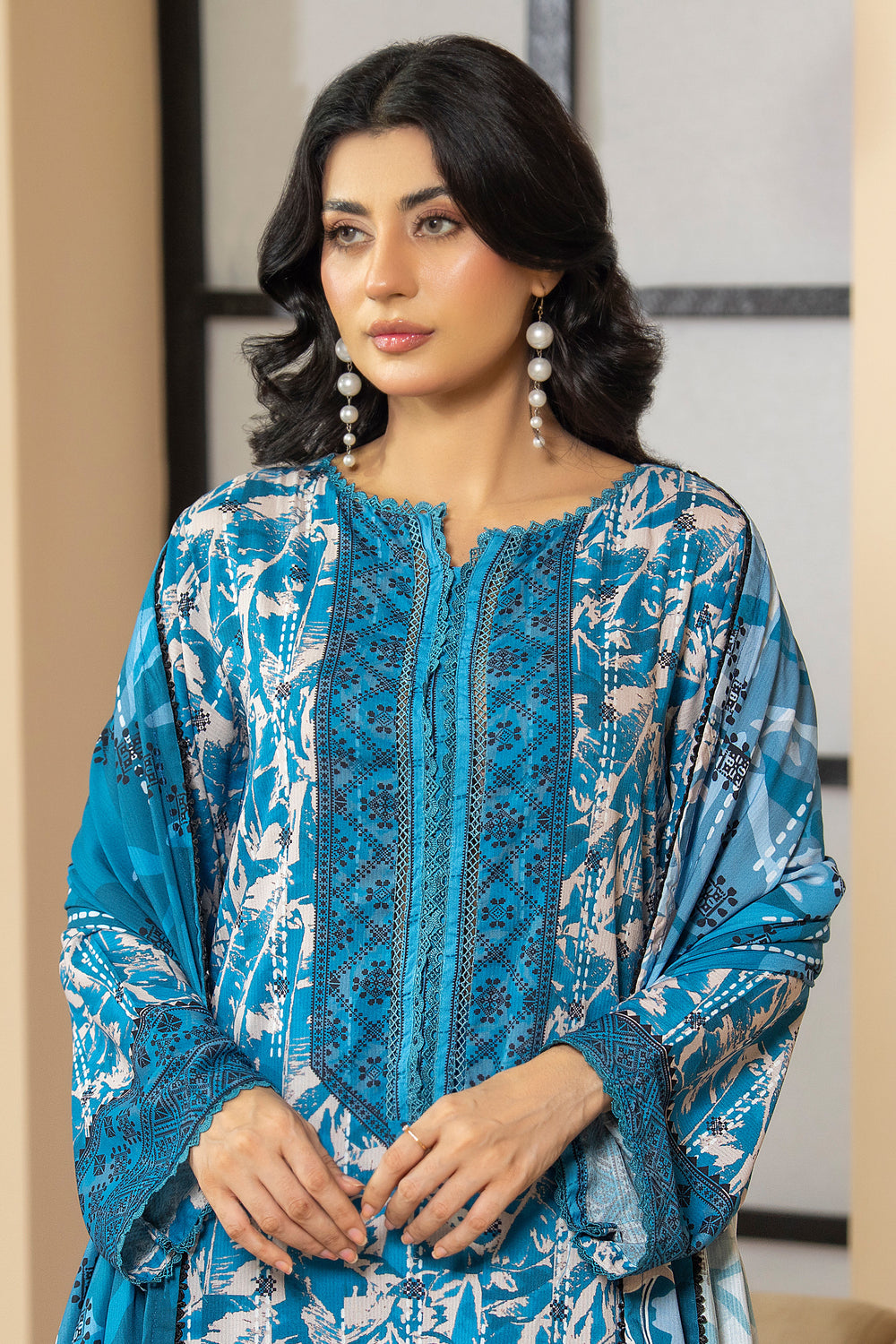 3 Piece Unstitched Blue Premium Linen - W25CF1V3-S2 - JACQUARD CLOTHING