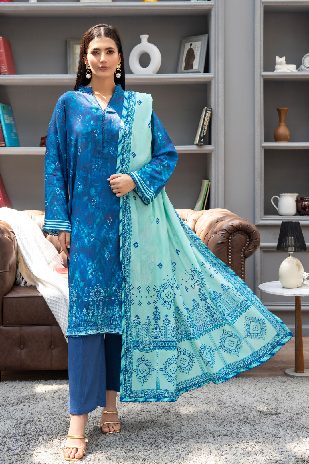 3 Piece Unstitched Blue Premium Linen - W25CF1V4-S3- JACQUARD CLOTHING