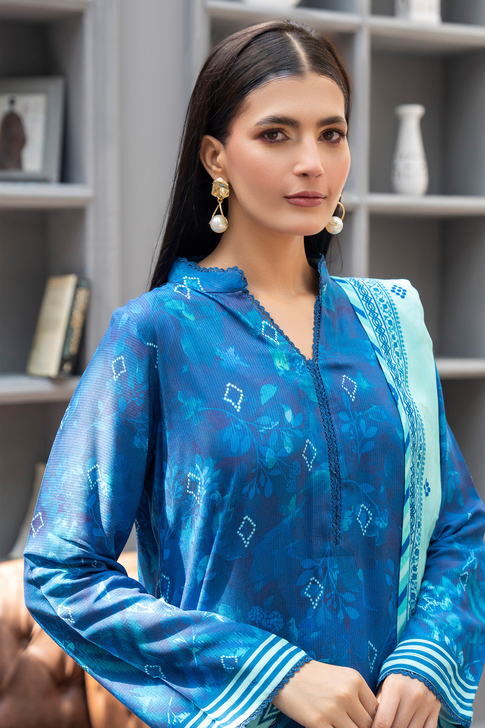 3 Piece Unstitched Blue Premium Linen - W25CF1V4-S3- JACQUARD CLOTHING