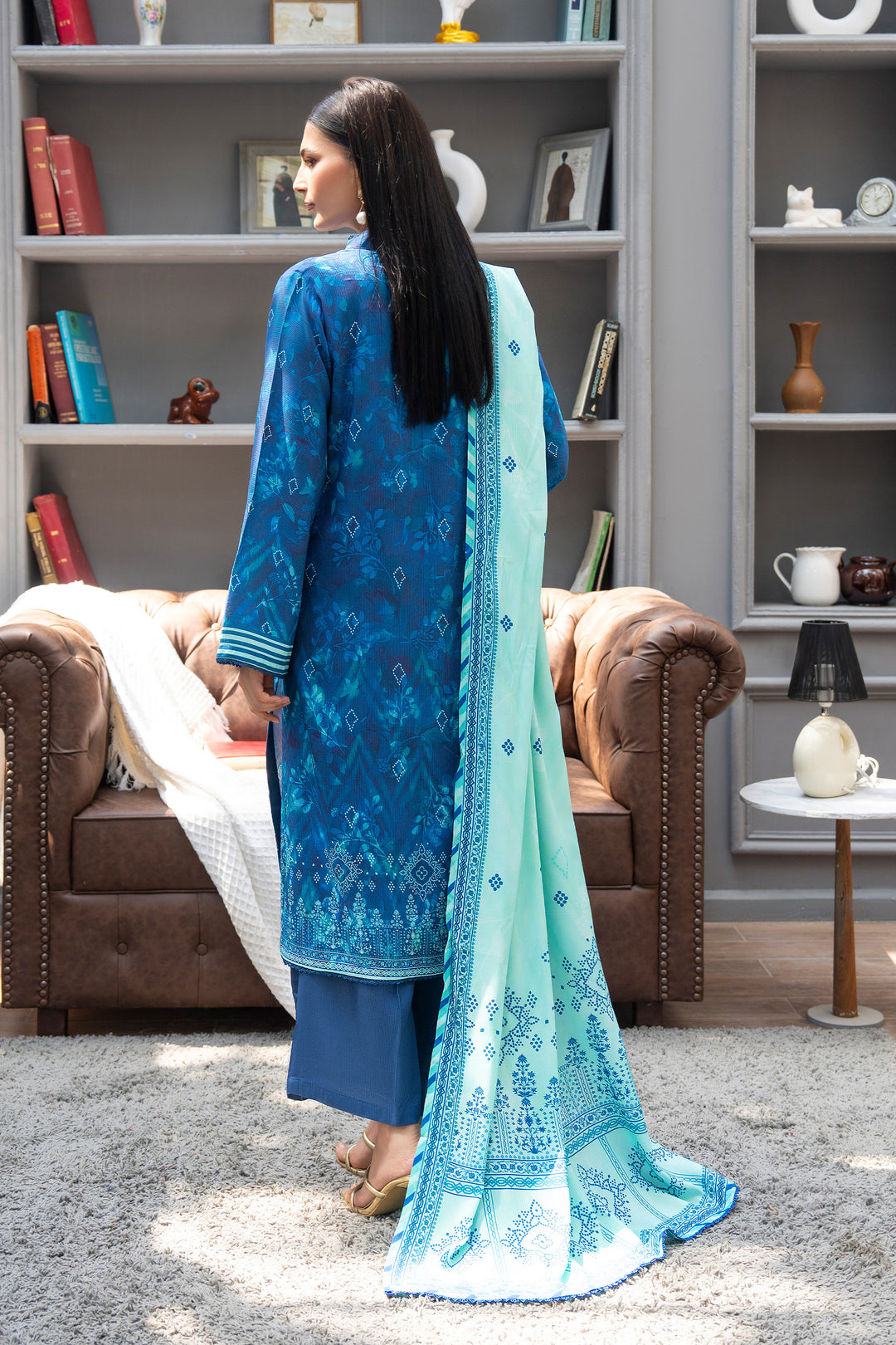 3 Piece Unstitched Blue Premium Linen - W25CF1V4-S3- JACQUARD CLOTHING