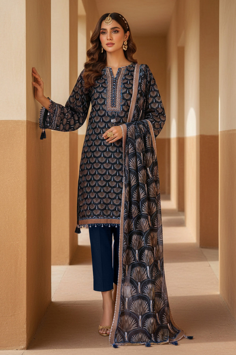 3 Piece Unstitched Blue Premium Printed Lawn