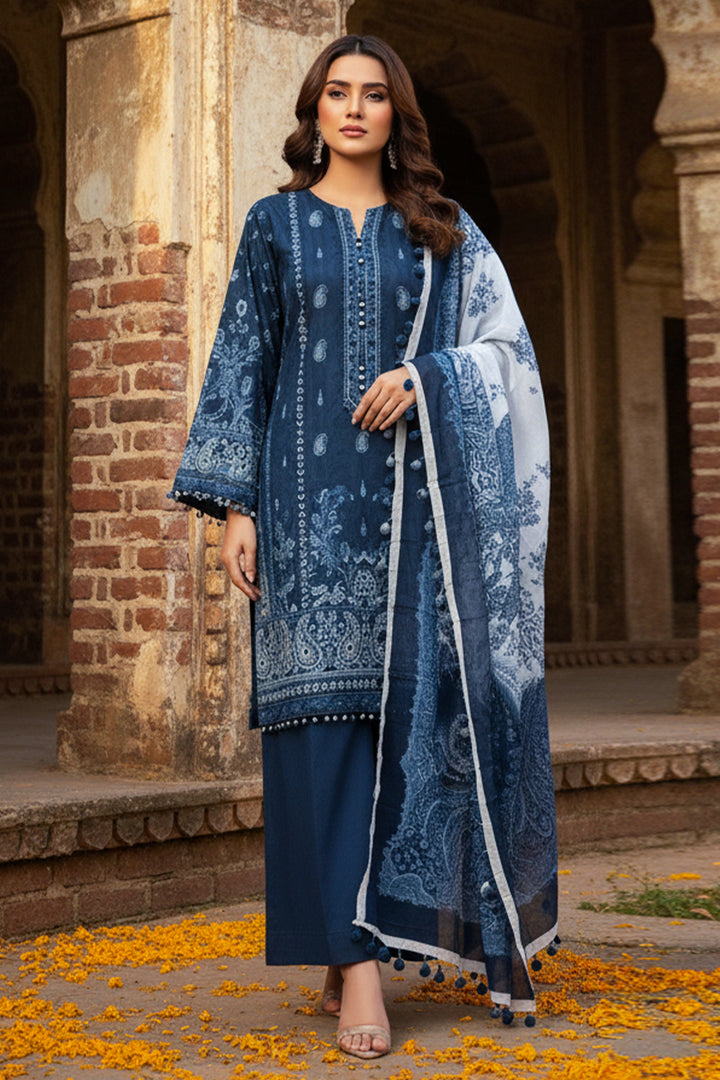 3 Piece Unstitched Blue Premium Printed Lawn