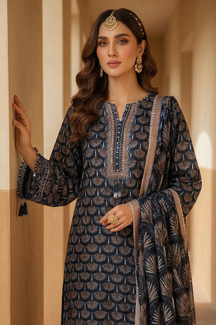 3 Piece Unstitched Blue Premium Printed Lawn