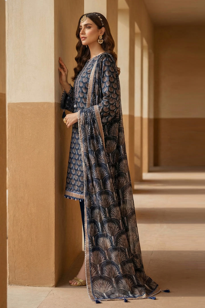 3 Piece Unstitched Blue Premium Printed Lawn