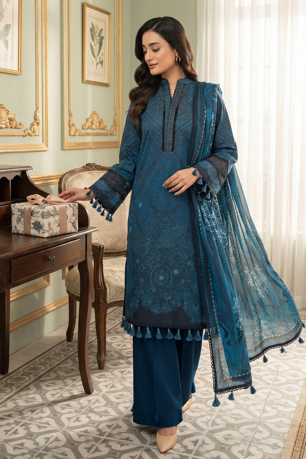 3 Piece Unstitched Blue Premium Printed Lawn Suit - Jacquard Virsa By Zainab Summer 2026 Collection