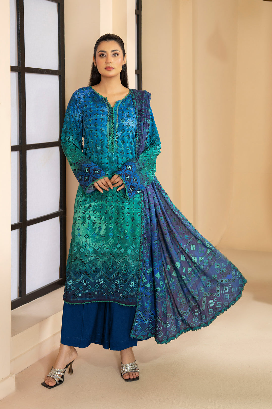 3 Piece Unstitched Blue Printed Linen - W25CF1V1-S5 - JACQUARD CLOTHING