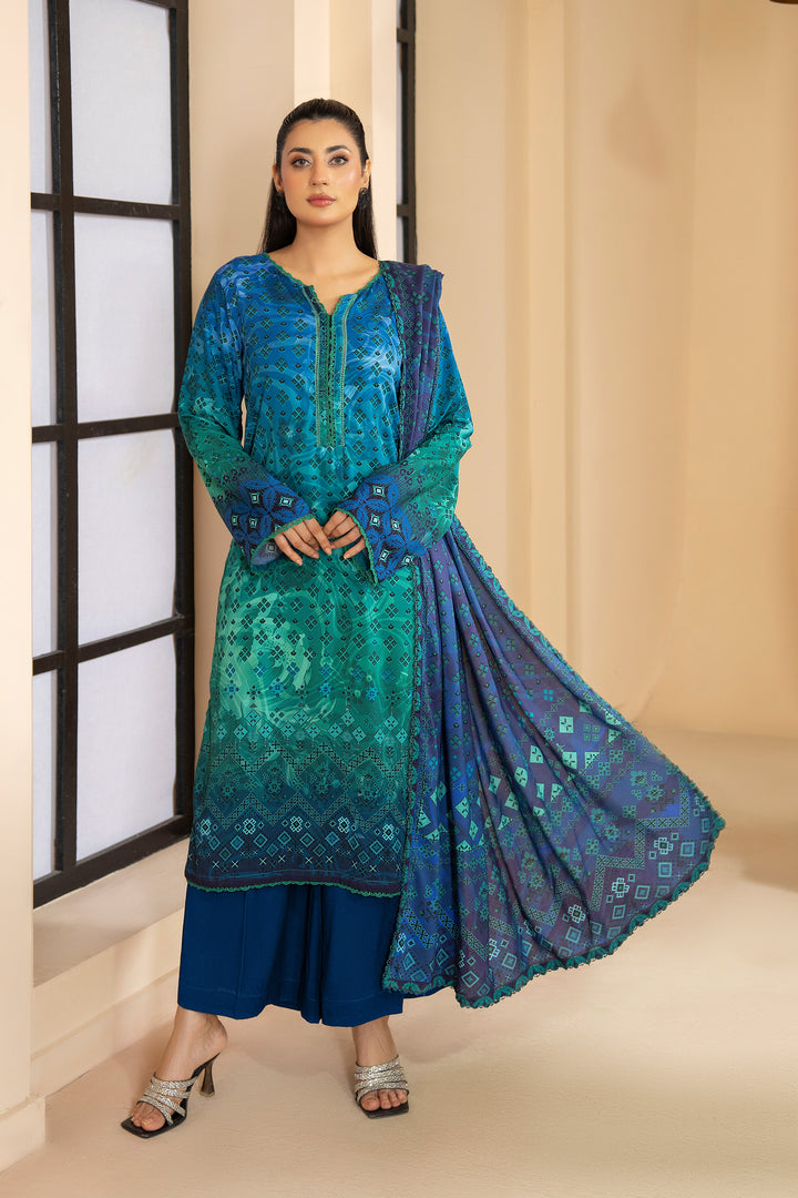 3 Piece Unstitched Blue Printed Linen - W25CF1V1-S5 - JACQUARD CLOTHING