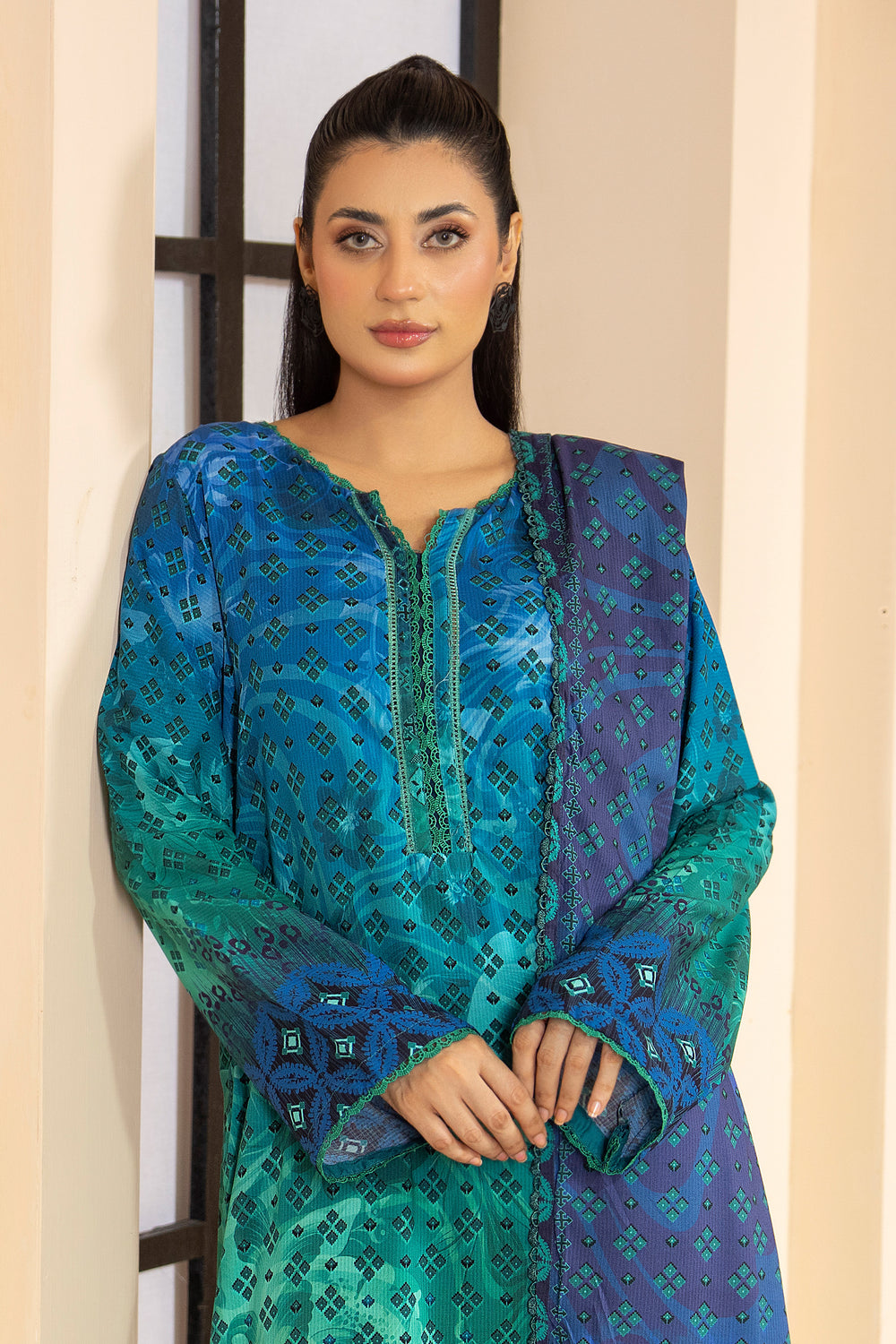3 Piece Unstitched Blue Printed Linen - W25CF1V1-S5 - JACQUARD CLOTHING