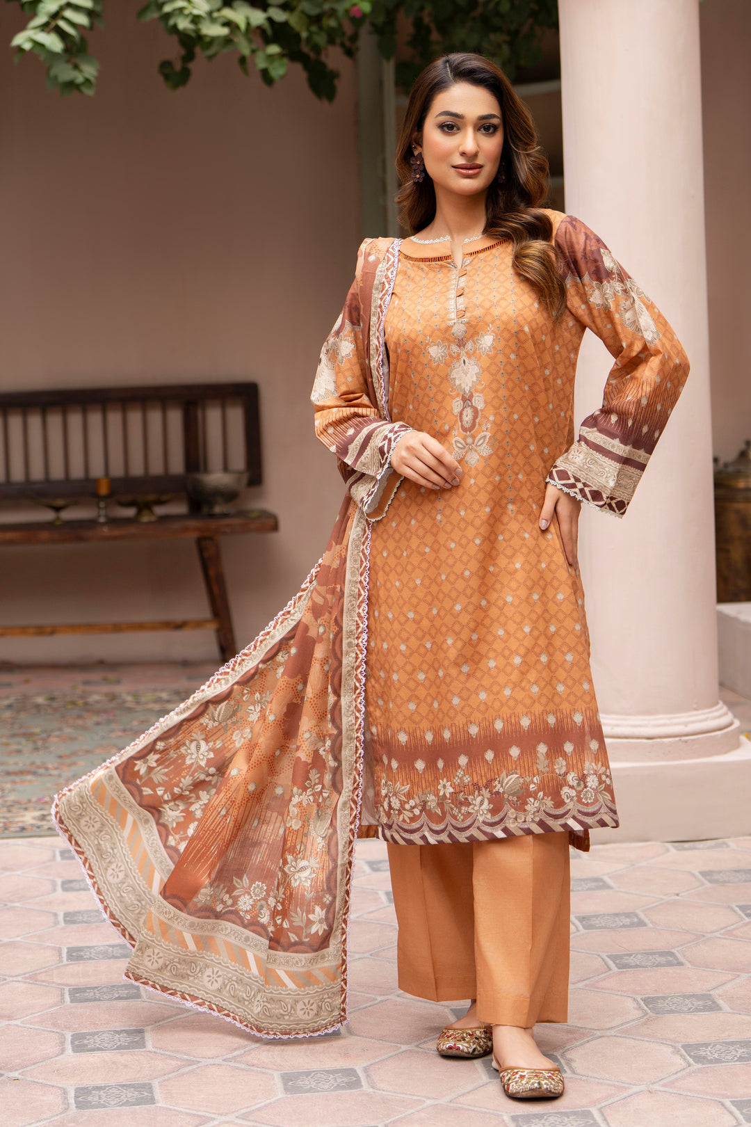 3 Piece Unstitched Brown Lawn - SU25V21-S6 - JAQUARD CLOTHING