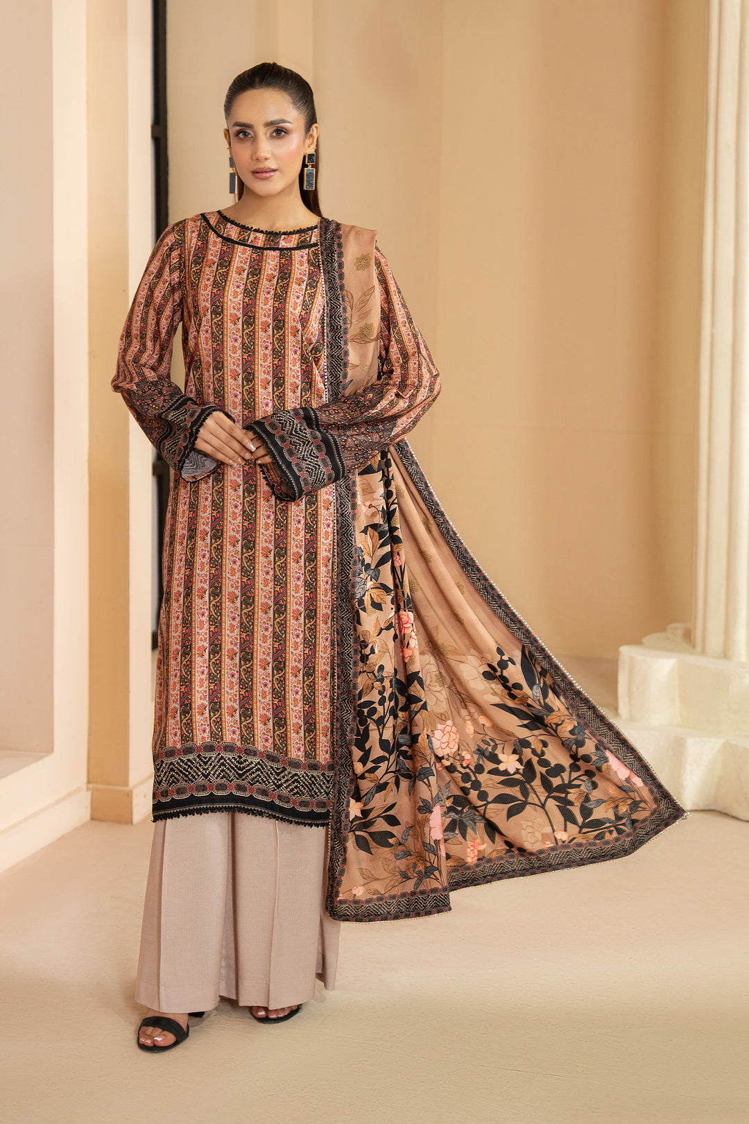 3 Piece Unstitched Brown Premium Linen - W25CF1V3-S9 - JACQUARD CLOTHING