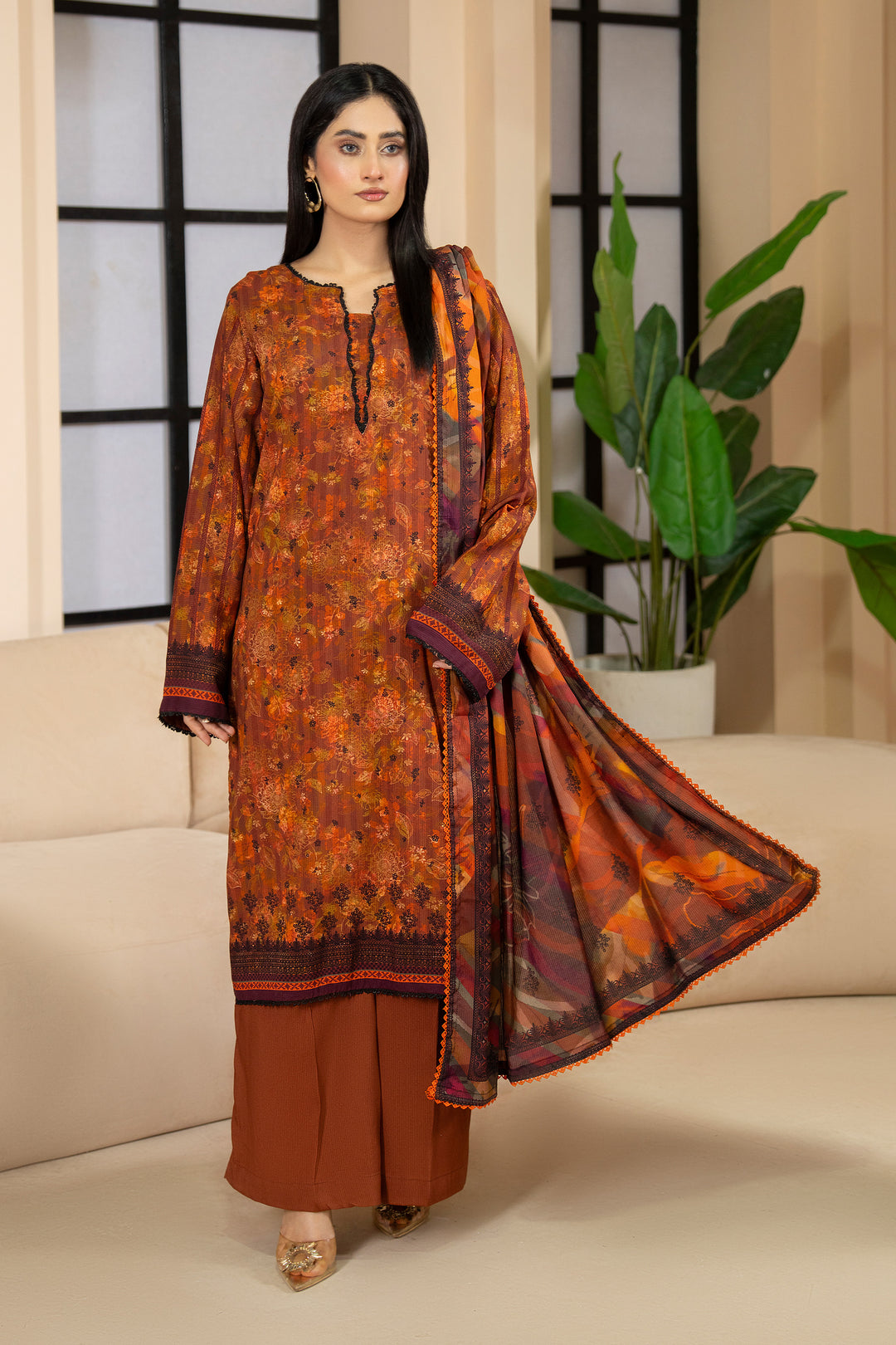 3 Piece Unstitched Brown Premium Linen - W25CF1V3-S4 - JACQUARD CLOTHING
