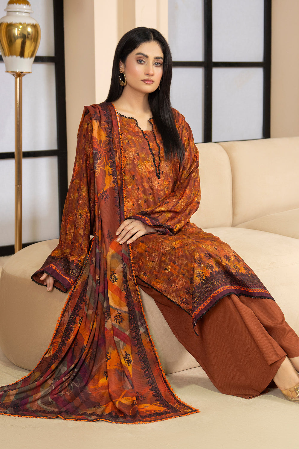 3 Piece Unstitched Brown Premium Linen - W25CF1V3-S4 - JACQUARD CLOTHING