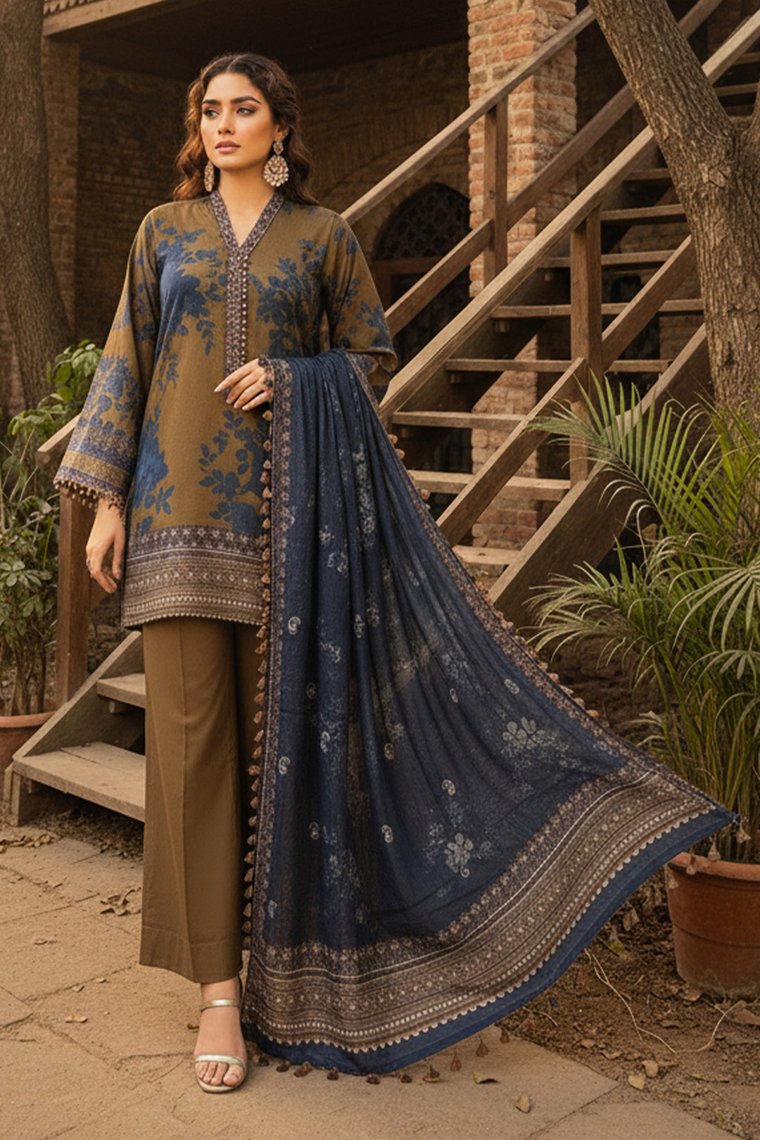 3 Piece Unstitched Brown Premium Printed Lawn Suit By Jacquard Clothing Summer 2026 Collection