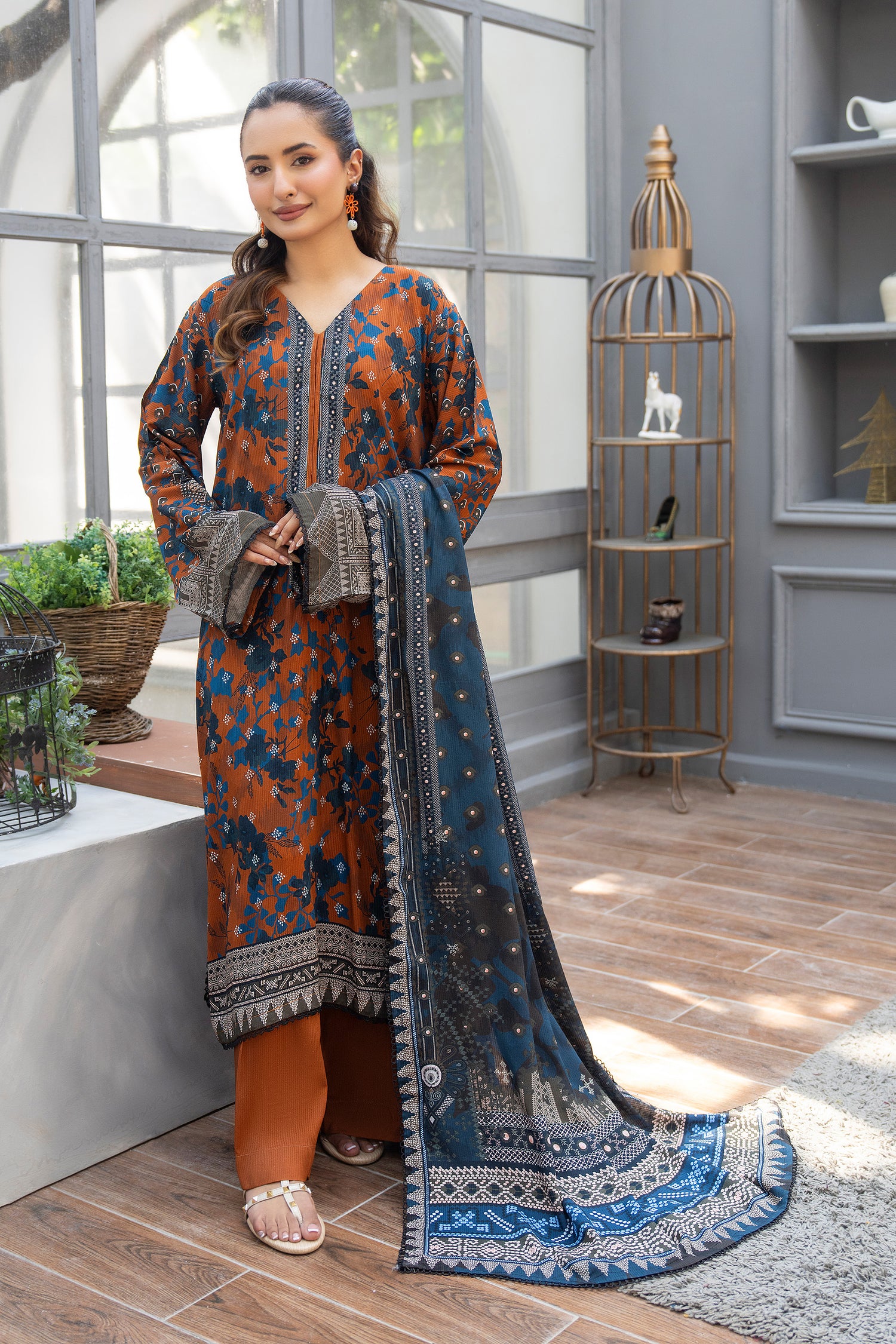 3 Piece Unstitched Brown Printed Linen - W25CF1V2-S3 - JACQUARD CLOTHING