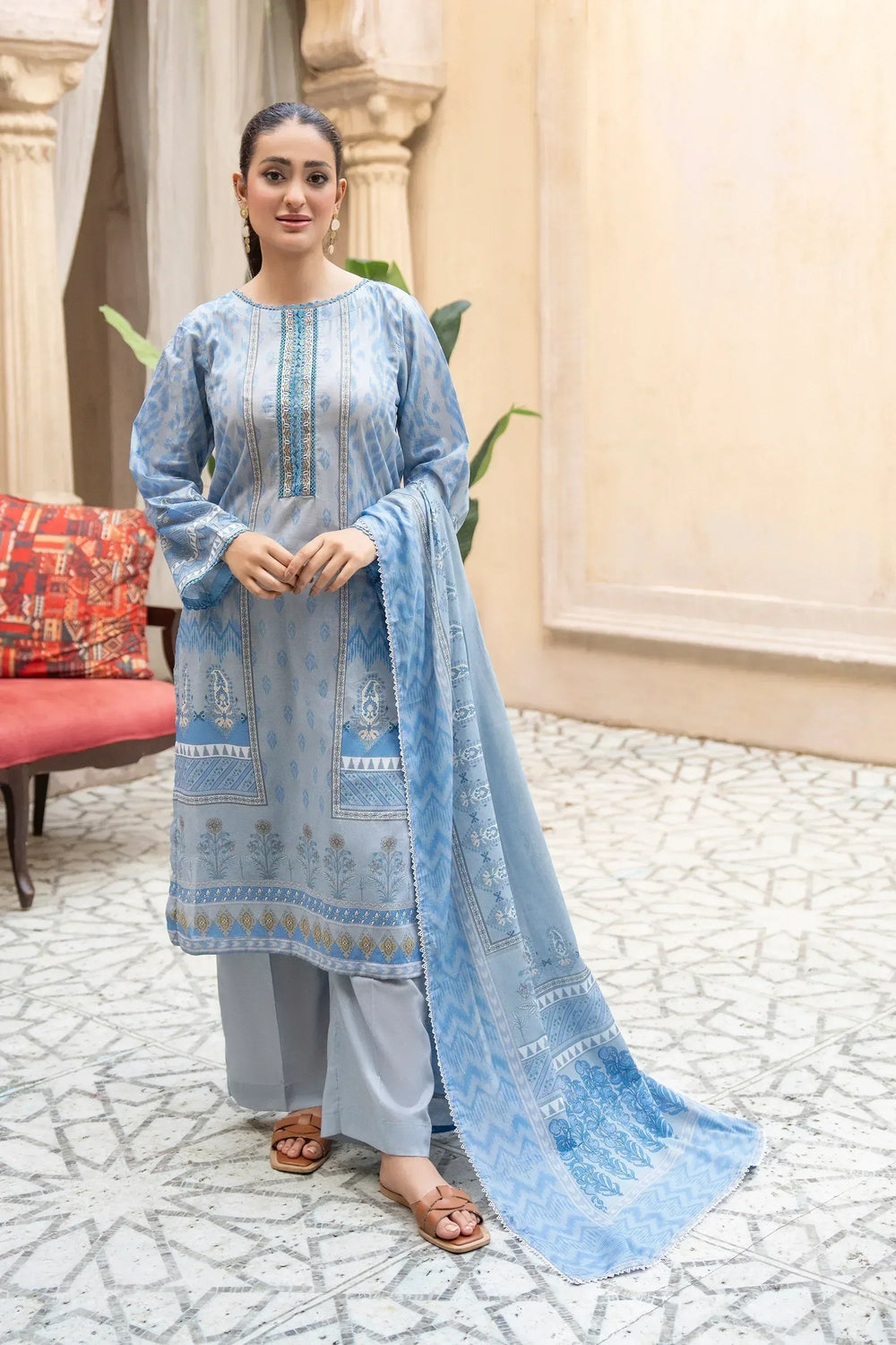 3 Piece Unstitched Cadet Grey Premium Printed Lawn - Jacquard Clothing