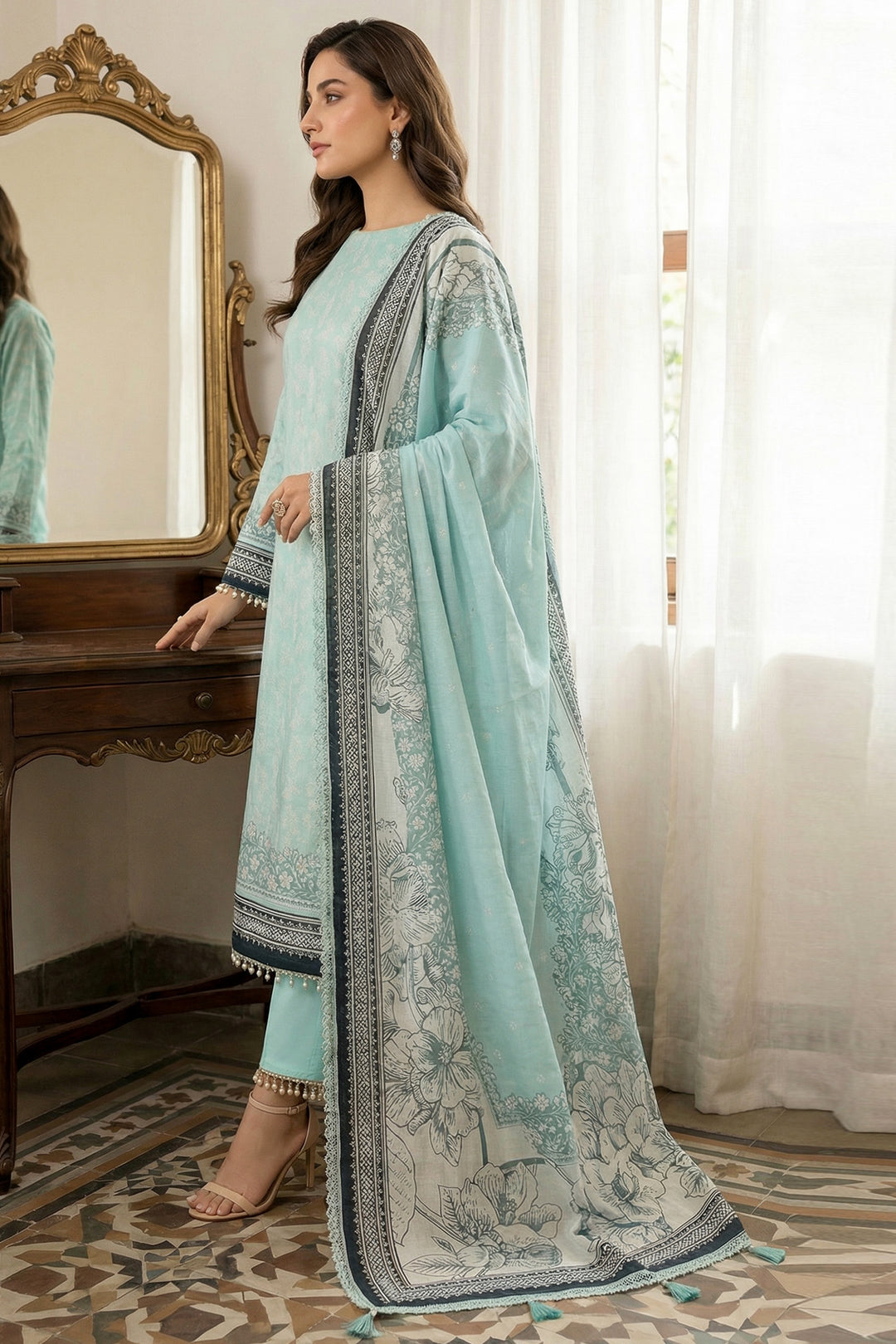 3 Piece Unstitched Cambridge Blue Premium Printed Lawn Suit - Jacquard Soha Afreen Summer 2026 Collection