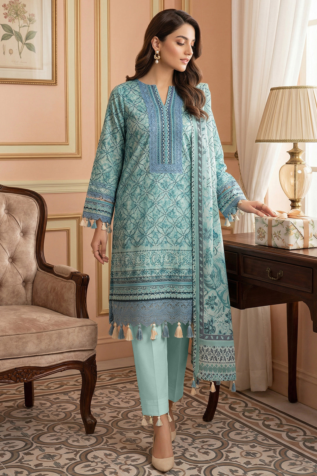 3 Piece Unstitched Cambridge Blue Premium Printed Lawn Suit - Jacquard Virsa By Zainab Summer 2026 Collection